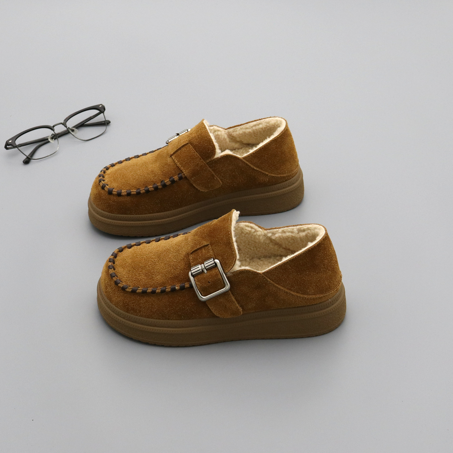 羊羔毛勃肯鞋女真皮加绒厚底棉鞋