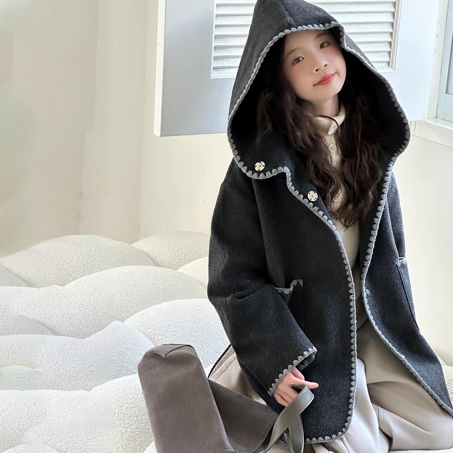女童联盟加厚中长款呢子外套