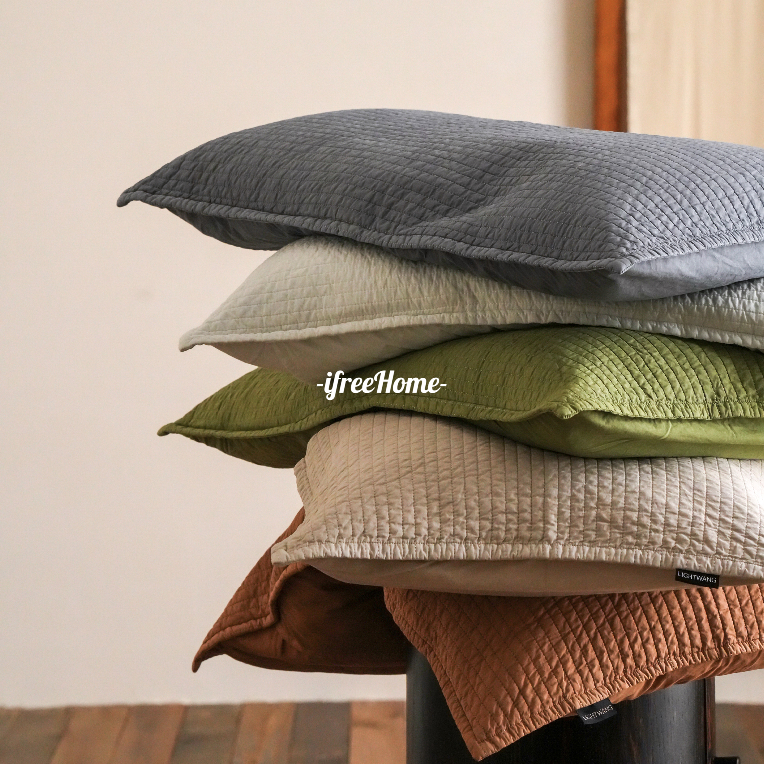 极简纯色60支全棉枕套 砂洗染色复古水洗做旧绗缝枕头套一对装