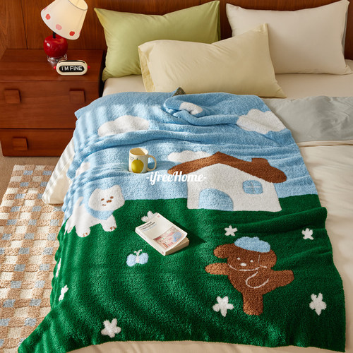 针织半边绒ins可爱卡通毛毯卧室盖毯沙发毯子办公室午睡软糯亲肤