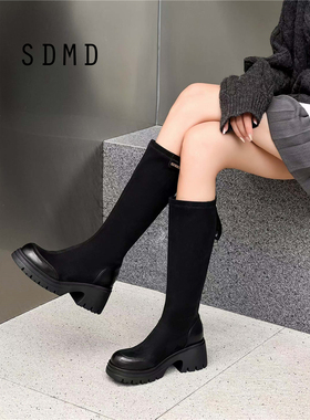 2025新款秋冬加绒保暖弹力靴女英伦风厚底增高长筒靴250835