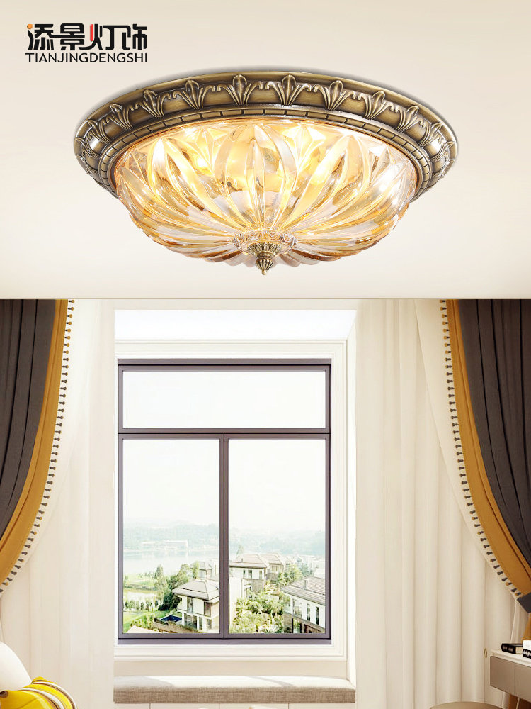 奢华全铜吸顶灯欧式玻璃玄关灯简欧卧室纯铜灯饰覆古门厅入户灯