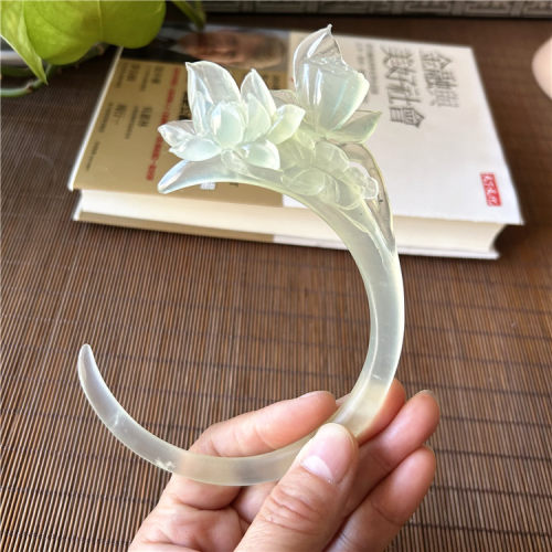 天然岫玉发簪冰料上玄月荷花玉簪