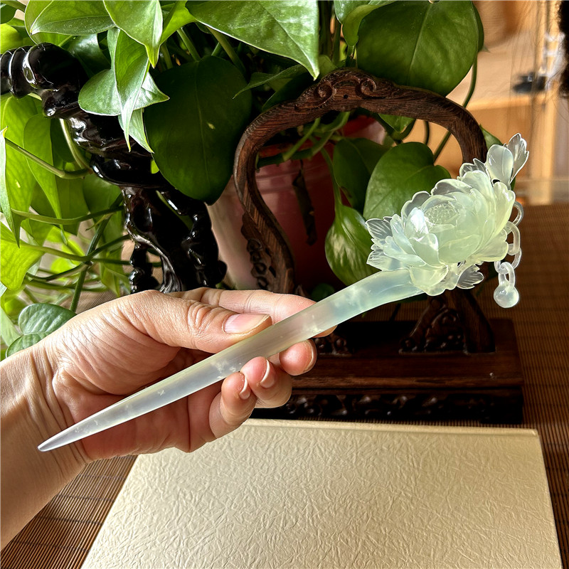 天然岫玉发簪淡绿冰牡丹步摇发簪玉簪原物实拍正品A岫岩玉石簪子