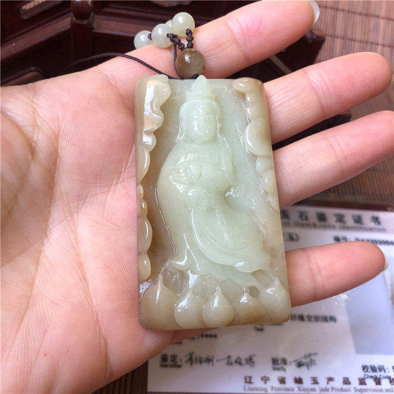天然黄白老玉吊坠观音挂件毛衣链实拍和田玉观音吊坠正品岫岩玉坠