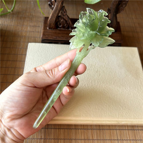 天然岫玉发簪180绿冰牡丹花玉簪原物实拍正品A岫岩玉石簪玉石簪子