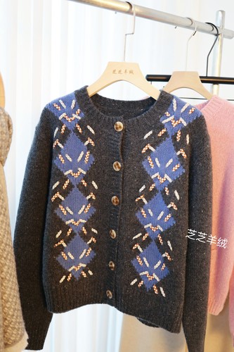 100%纯山羊绒衫复古学院风菱格图案圆领长袖针织开衫毛衣外套厚