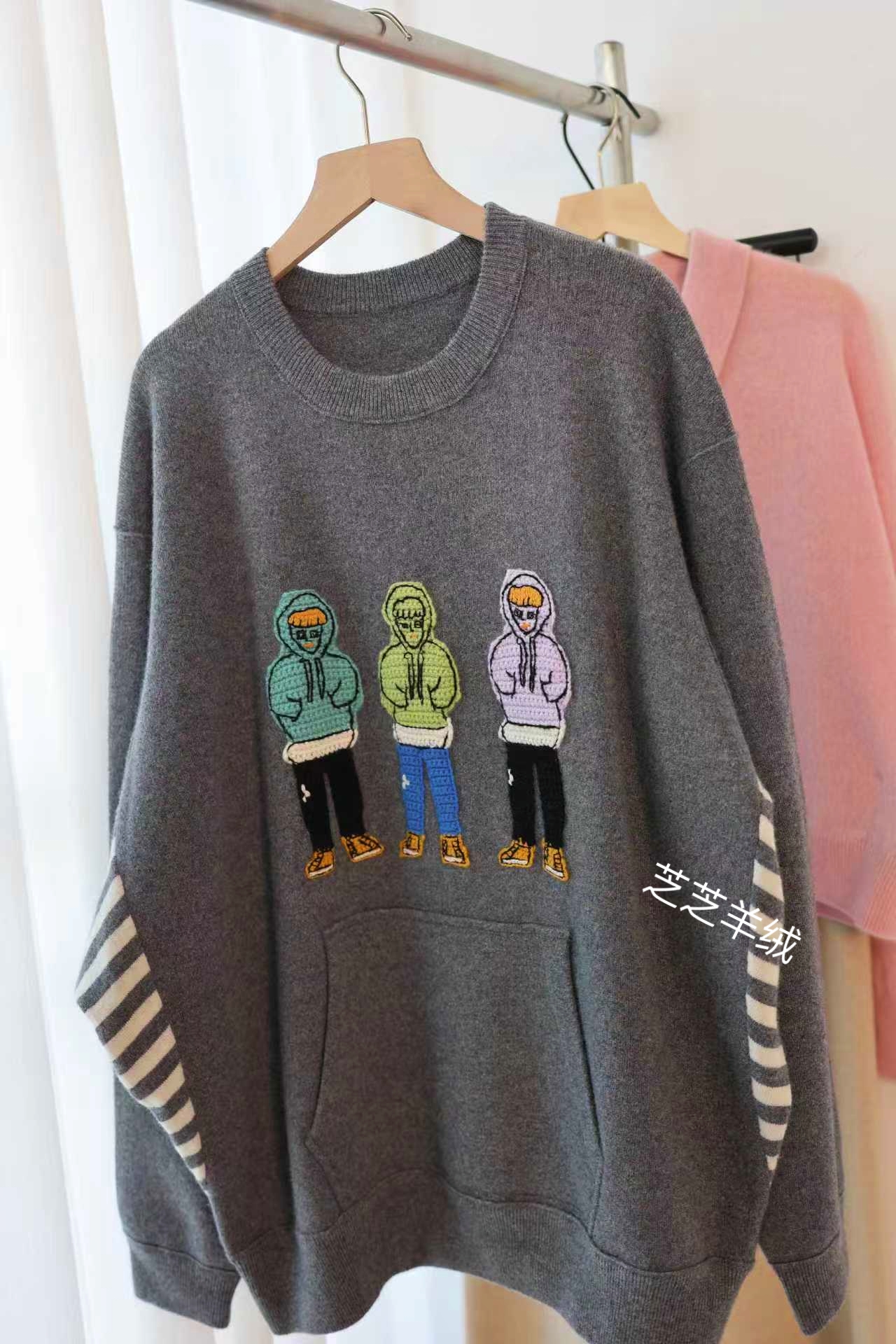 100纯山羊绒衫卡通人物宽松休闲显瘦圆领男女同款情侣羊绒针织衫