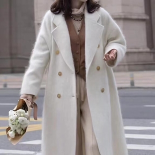 重磅高端加厚长毛拉毛100%山羊绒宽松中长款大衣拉绒羊绒外套