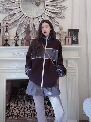 高版本100%纯山羊绒衫拉链开衫学院风四平针口袋长袖毛衣宽松休闲