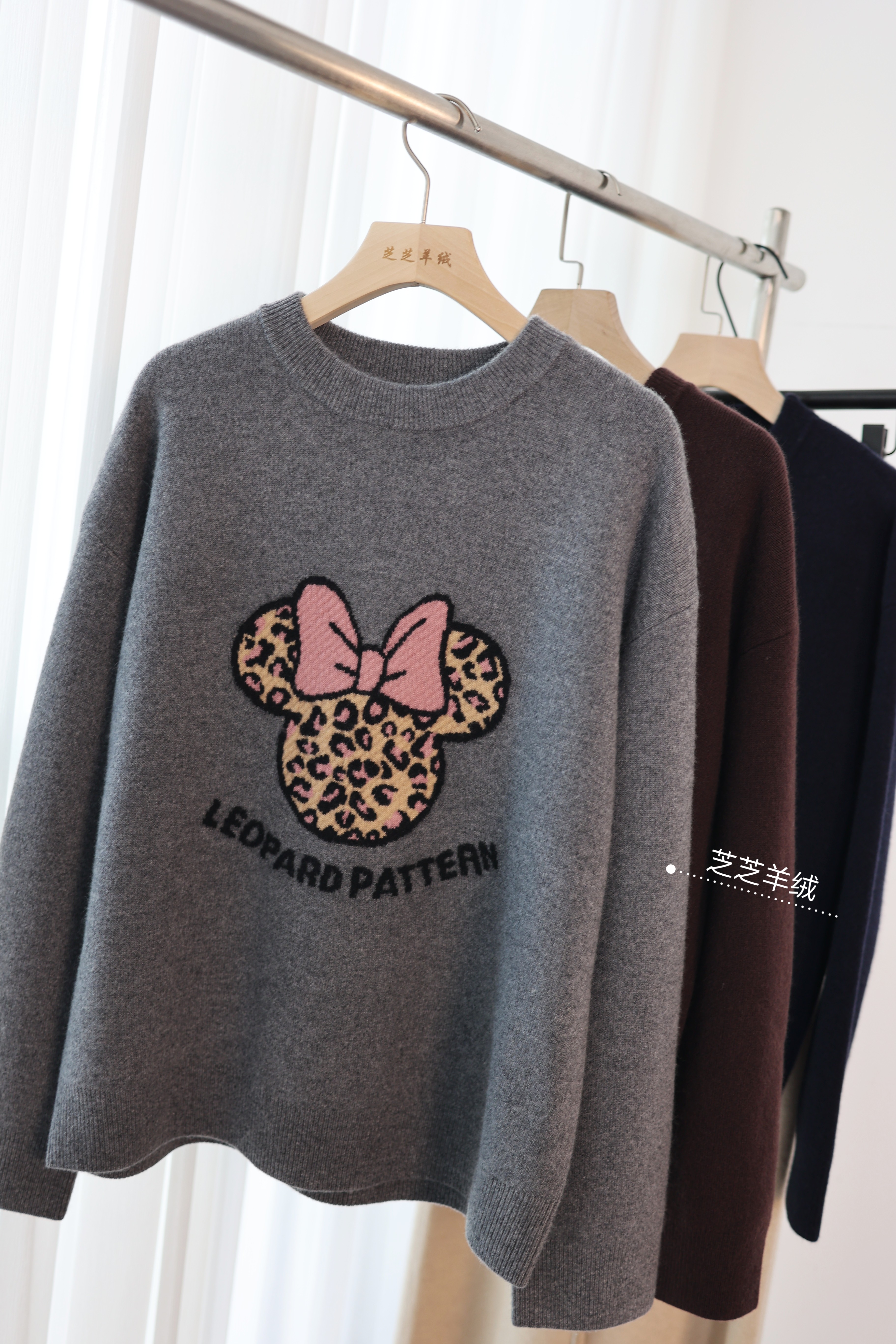 高版本100%纯山羊绒衫圆领长袖米奇米妮蝴蝶结针织衫宽松休闲毛衣