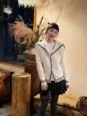 学院风软糯亲肤上衣开衫 100纯山羊绒衫 披肩海军领减龄麻花针织衫