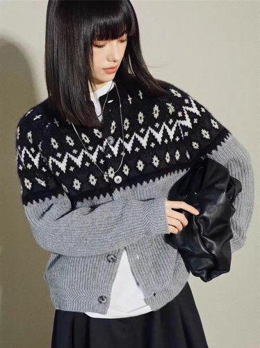 复古提花100山羊绒圆领长袖羊绒衫针织衫开衫外套上衣