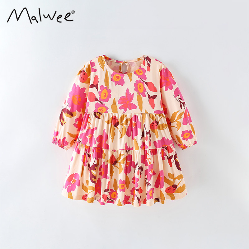 女童长袖连衣裙秋季新款好看洋气印花儿童圆领公主裙欧美儿童裙子