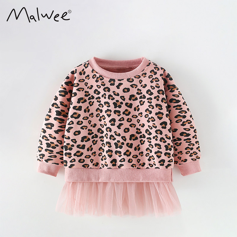 女童卫衣秋冬新款欧美洋气豹纹印花儿童圆领套头长袖拼接网纱上衣