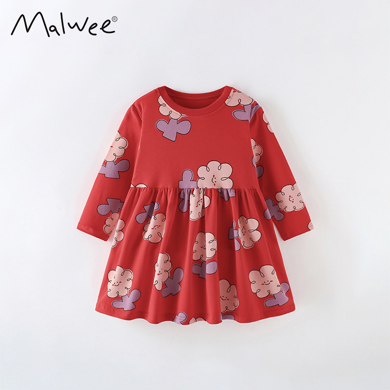 malwee女童连衣裙春秋新款欧美女孩时髦洋气纯棉圆领长袖儿童裙子