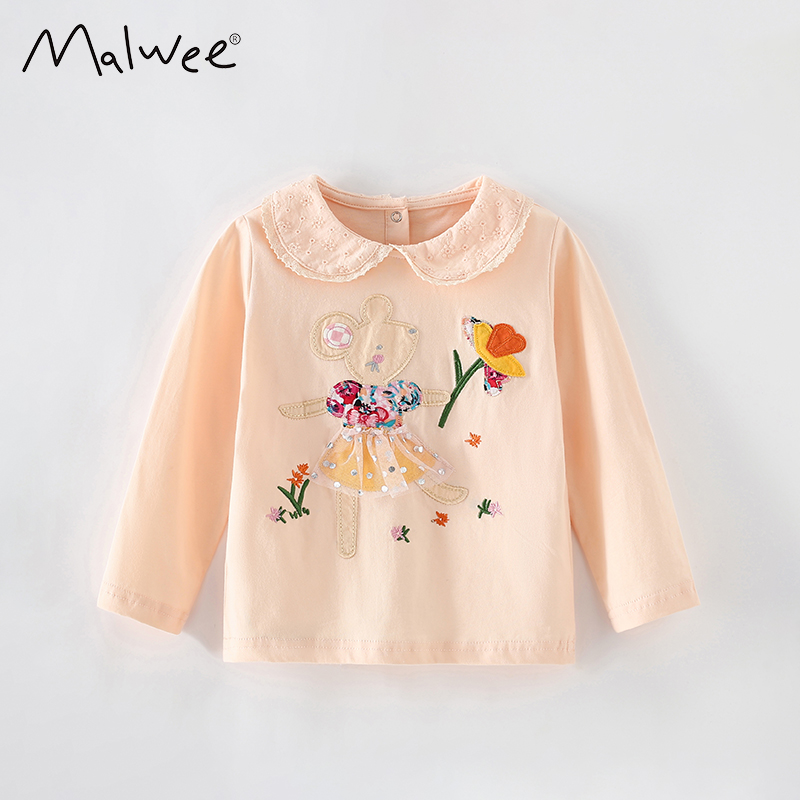跨境malwee女童T恤衫秋冬新款欧美中小童娃娃领长袖可爱休闲上衣