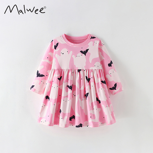 女童长袖连衣裙春秋新款女孩圆领印花纯棉公主裙洋气好看儿童裙子