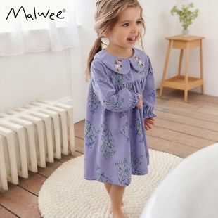 跨境malwee儿童连衣裙秋冬新款 可爱女孩公主裙 欧美中小童圆领长袖
