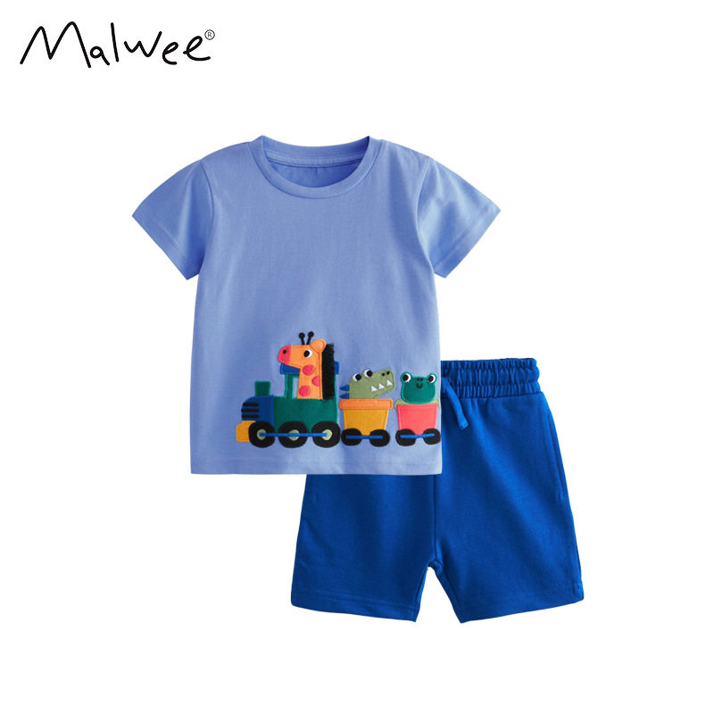malwee男童短袖两件套夏装新款帅气欧美儿童休闲圆领上衣短裤童装