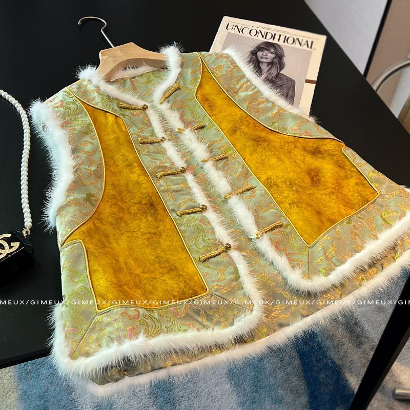 新中式国风拼接仿水貂毛百搭上衣女冬款单面穿贵气马甲背心外套