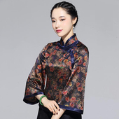 新款 女装 仿香云纱长袖 中式 上衣 仿真丝优雅复古中国风唐装 3秋季