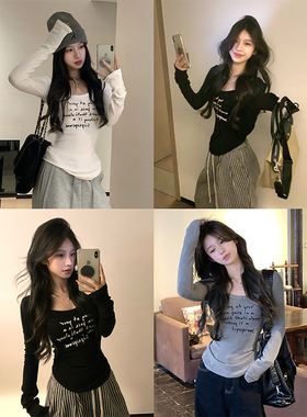 Adan字母印花收腰打底衫冬季新款修身显瘦休闲百搭紧身内搭上衣女