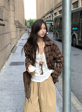 Adan咖色格纹磨毛衬衫韩系休闲宽松百搭显白叠穿内搭长袖上衣女秋