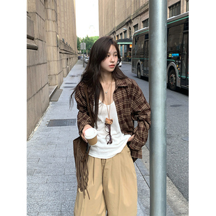 Adan咖色格纹磨毛衬衫韩系休闲宽松百搭显白叠穿内搭长袖上衣女秋