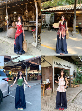 Adan 藏青色大阔腿裤2026春夏新款复古韩系高腰百搭休闲牛仔裤女