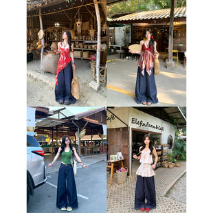 复古韩系高腰百搭休闲牛仔裤 2026春夏新款 女 藏青色大阔腿裤 Adan