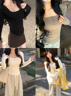 Adan 纽扣带胸垫打底衫秋冬韩系修身显瘦百搭保暖加绒内搭上衣女