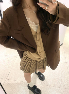 Adan千鸟格毛呢百褶裙秋冬韩版复古高腰百搭撞色学院A字半身裙女