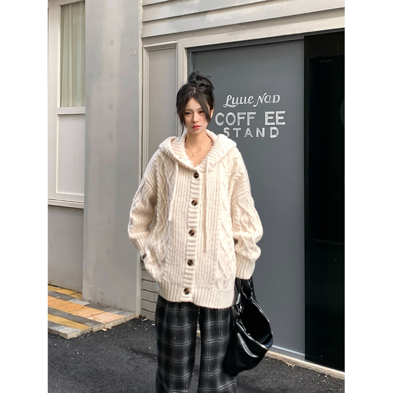 Adan 连帽麻花毛衣外套2024秋冬复古宽松休闲百搭慵懒针织开衫女