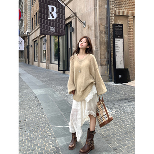 杏色高腰百搭设计感A字蛋糕裙女 新款 Adan 蕾丝不规则半身裙秋季