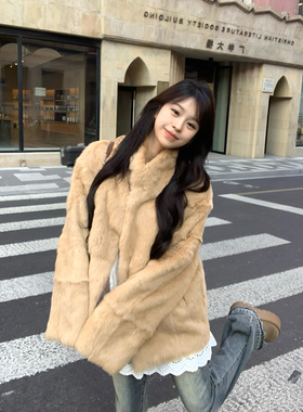 Adan真兔毛外套2025冬季韩系宽松百搭氛围感毛茸茸立领皮草上衣女