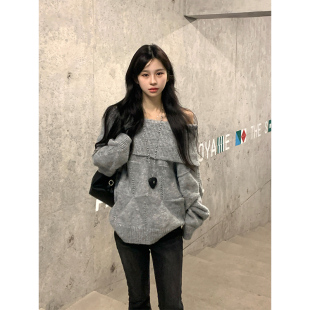 Adan一字领麻花毛衣秋冬韩系宽松显瘦露肩设计感软糯慵懒针织衫 女