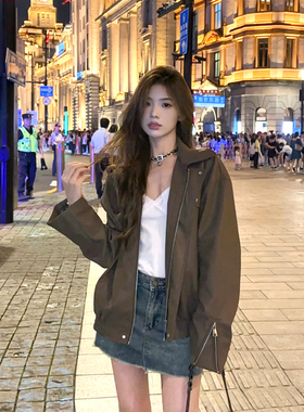 Adan美拉德咖色机车哑光皮衣秋季韩版复古宽松百搭休闲夹克外套女