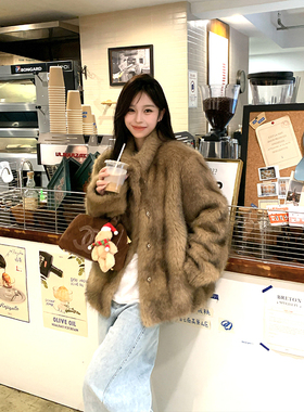 Adan 立领渐变毛毛外套冬季韩系复古宽松慵懒皮毛一体环保皮草女