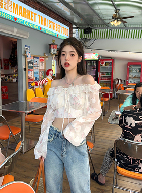 Adan碎花雪纺上衣春夏韩版显瘦一字领荷叶边灯笼袖短款衬衫上衣女