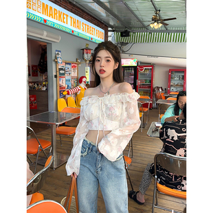 衬衫 短款 上衣女 显瘦一字领荷叶边灯笼袖 Adan碎花雪纺上衣春夏韩版