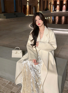 Adan一粒扣羊毛手工大衣冬季韩版气质宽松中长款廓形双面呢外套女