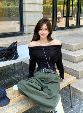 Adan 黑色斜领上衣2025秋季韩系修身显瘦气质百搭一字领上衣女