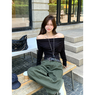 显瘦气质百搭一字领上衣女 韩系修身 Adan 黑色斜领上衣2025秋季