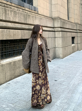 Adan 杂色宽袖毛衣外套秋季韩系宽松百搭慵懒加厚羊毛针织开衫女