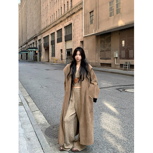 Adan 仿水貂毛连帽毛衣外套秋季韩系温柔宽松百搭慵懒长款开衫女