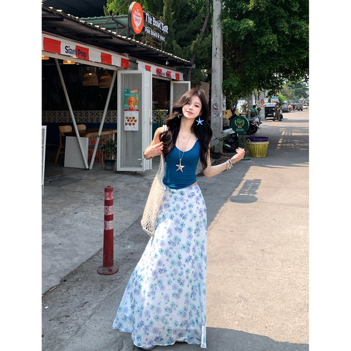 Adan 蓝色碎花半身裙夏季韩系清爽气质高腰百搭印花长款雪纺裙女