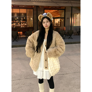 Adan奶fufu仿羊羔毛外套2025冬季 韩系宽松皮毛一体加厚毛毛大衣女