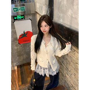 毛衣外套女2024秋 显瘦百搭镂空设计感长袖 Adan钩花针织短开衫 韩版