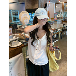 衬衫 无袖 女 韩系宽松显瘦设计感短款 Adan木耳边棉麻感上衣2025夏季